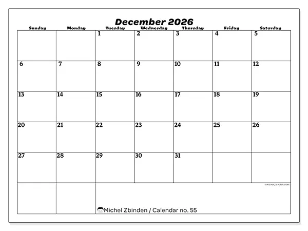 Printable December 2026 calendar - Leisure organization - Week from Sunday to Saturday