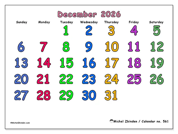 Printable December 2026 calendar - Creative moments - Week from Sunday to Saturday