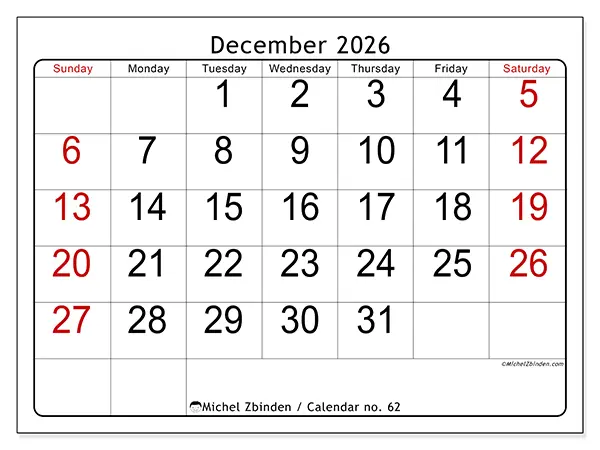 Printable December 2026 calendar - Speed reading - Week from Sunday to Saturday