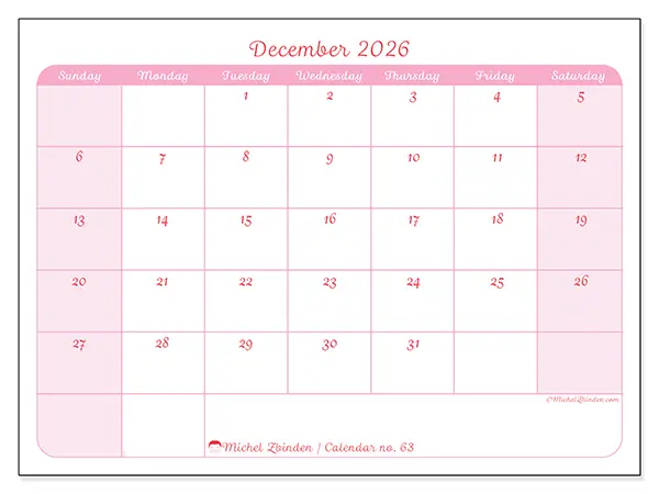 Printable December 2026 calendar - Gentle organization - Week from Sunday to Saturday