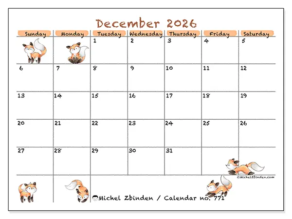 Printable December 2026 calendar - Fox drawings - Week from Sunday to Saturday