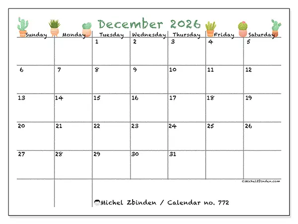 Printable December 2026 calendar - Decorative cactus - Week from Sunday to Saturday