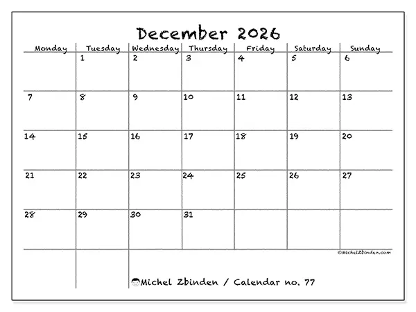 Printable December 2026 calendar - School and family