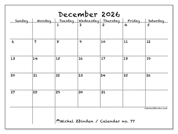 Printable December 2026 calendar - School and family - Week from Sunday to Saturday