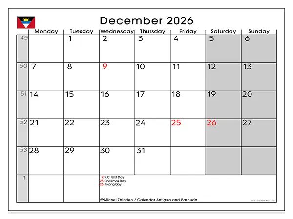 Printable December 2026 calendar - Antigua and Barbuda