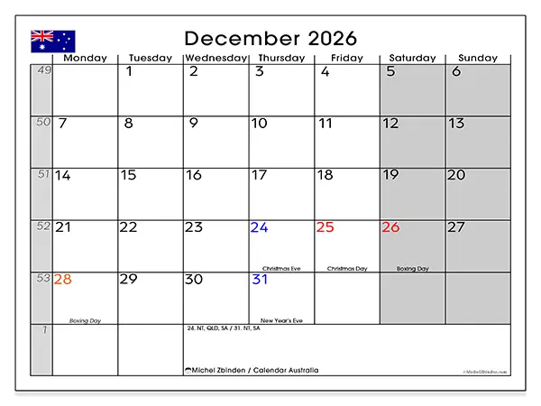 Printable December 2026 calendar - Australia
