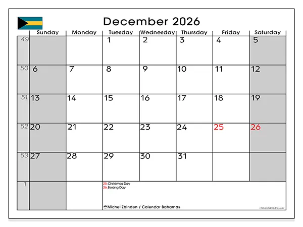 Printable December 2026 calendar - Bahamas