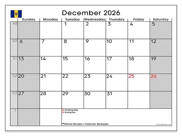 Printable December 2026 calendar - Barbados
