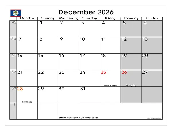 Printable December 2026 calendar - Belize