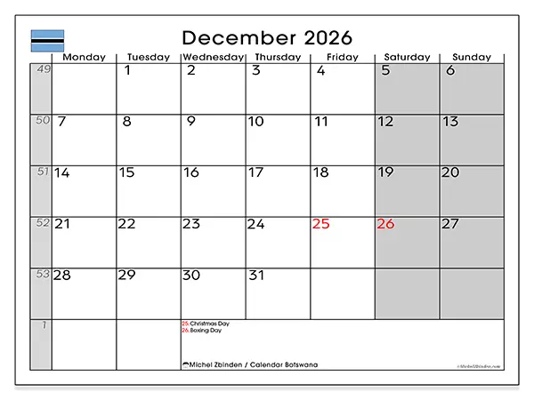 Printable December 2026 calendar - Botswana