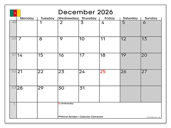 Printable December 2026 calendar - Cameroon