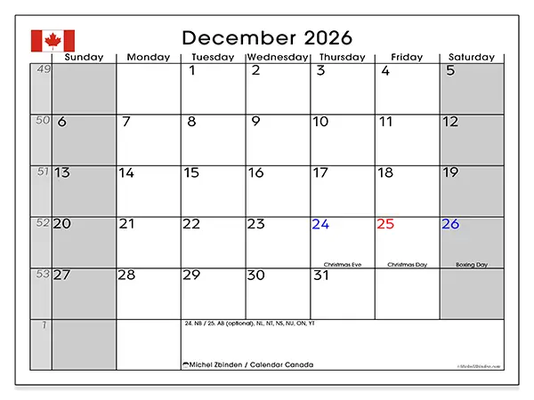 Printable December 2026 calendar - Canada