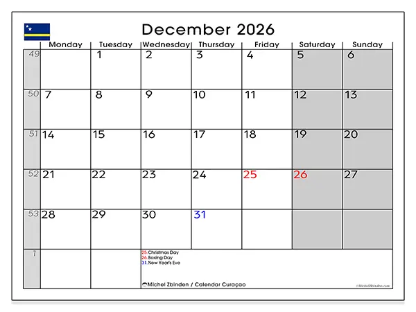 Printable December 2026 calendar - Curaçao