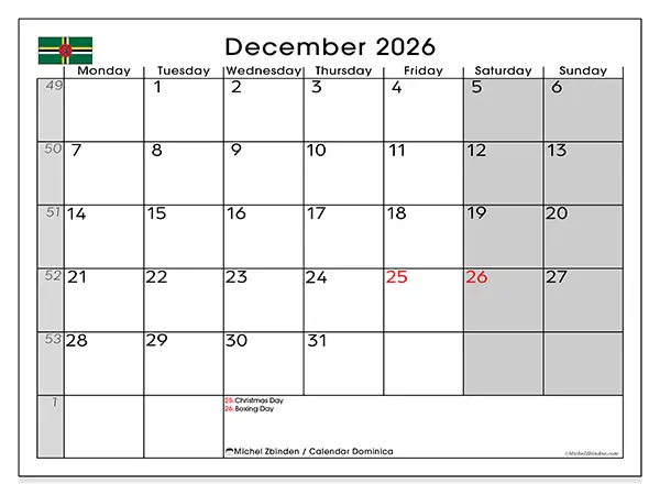 Printable December 2026 calendar - Dominica