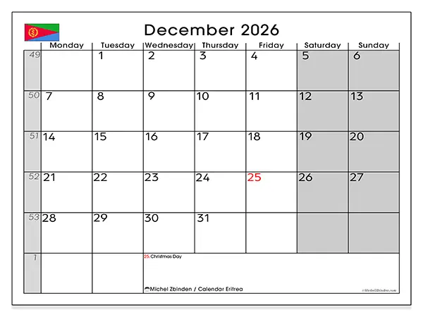 Printable December 2026 calendar - Eritrea