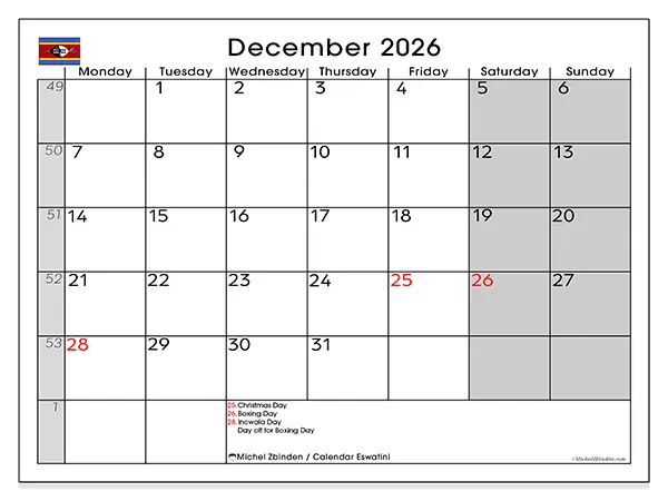Printable December 2026 calendar - Eswatini