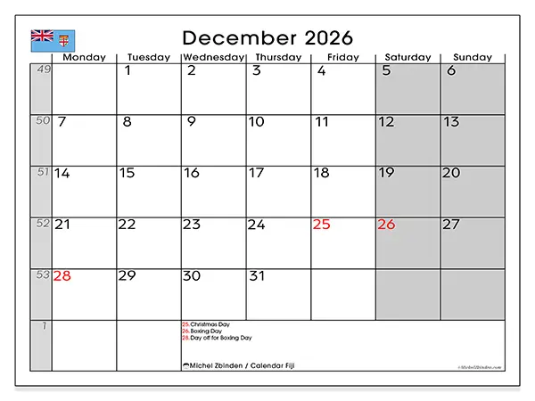 Printable December 2026 calendar - Fiji