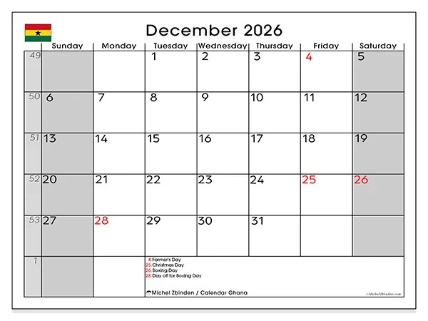 Printable December 2026 calendar - Ghana