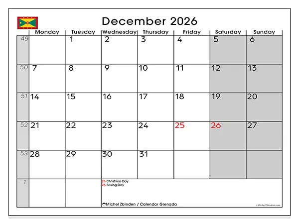 Printable December 2026 calendar - Grenada