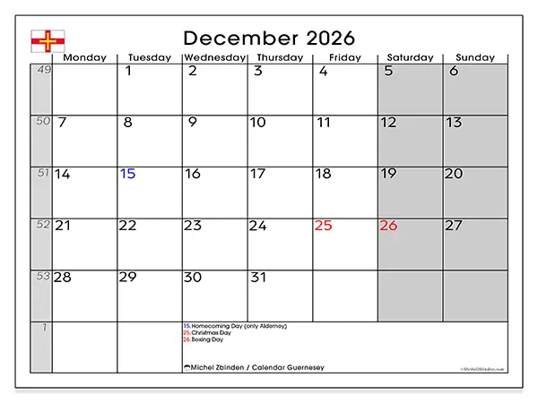 Printable December 2026 calendar - Guernsey
