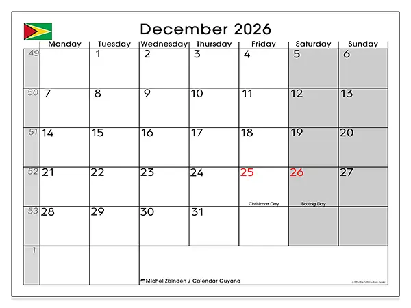 Printable December 2026 calendar - Guyana