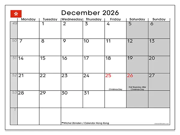 Printable December 2026 calendar - Hong Kong