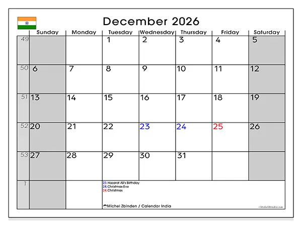 Printable December 2026 calendar - India