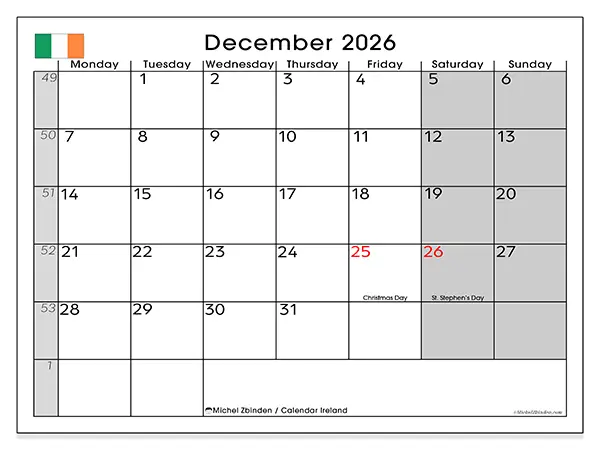 Printable December 2026 calendar - Ireland