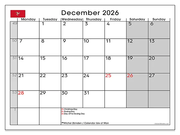 Printable December 2026 calendar - Isle of Man