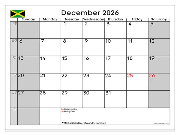 Printable December 2026 calendar - Jamaica