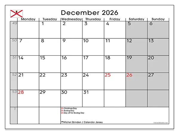 Printable December 2026 calendar - Jersey