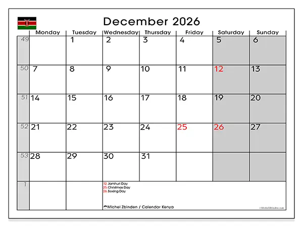 Printable December 2026 calendar - Kenya