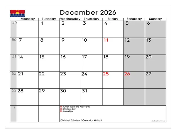 Printable December 2026 calendar - Kiribati