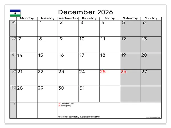 Printable December 2026 calendar - Lesotho