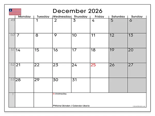 Printable December 2026 calendar - Liberia