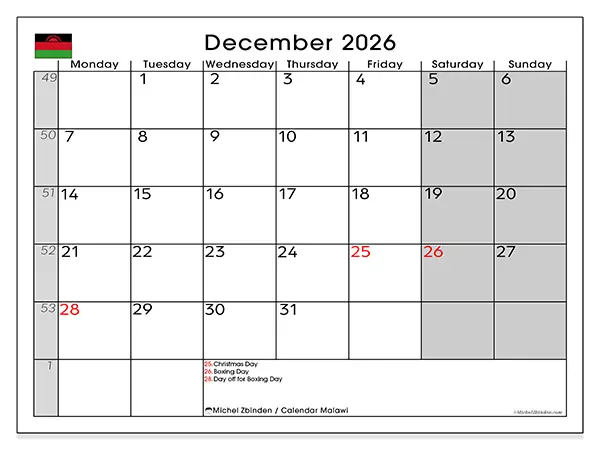 Printable December 2026 calendar - Malawi
