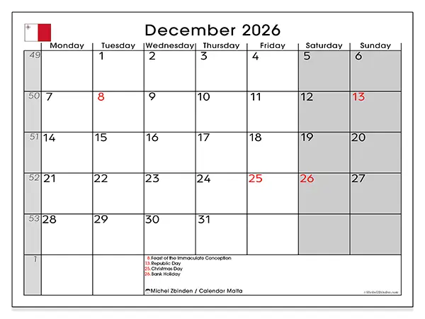 Printable December 2026 calendar - Malta