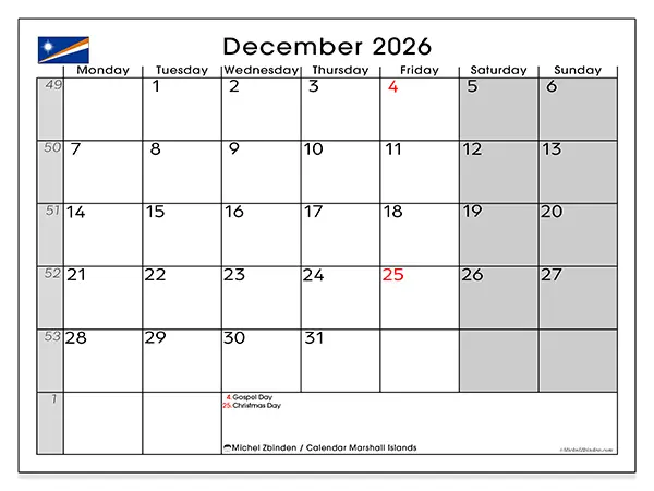 Printable December 2026 calendar - Marshall Islands