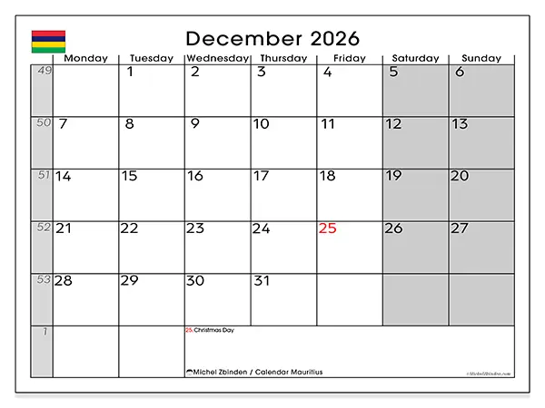 Printable December 2026 calendar - Mauritius