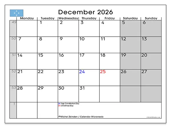 Printable December 2026 calendar - Micronesia