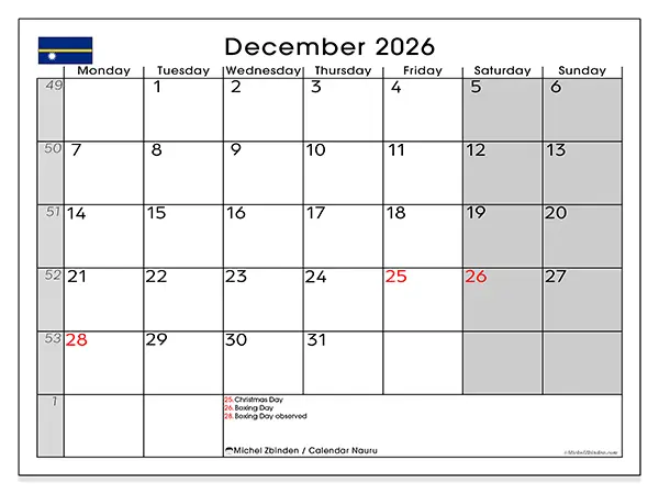 Printable December 2026 calendar - Nauru