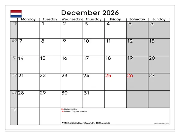 Printable December 2026 calendar - Netherlands