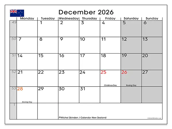 Printable December 2026 calendar - New Zealand