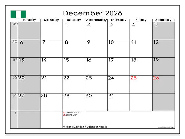 Printable December 2026 calendar - Nigeria