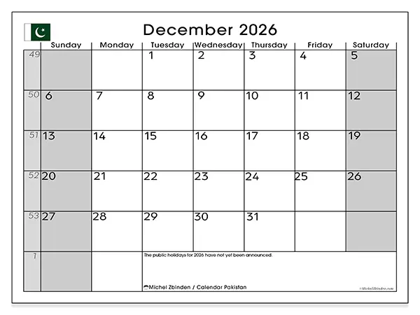 Printable December 2026 calendar - Pakistan