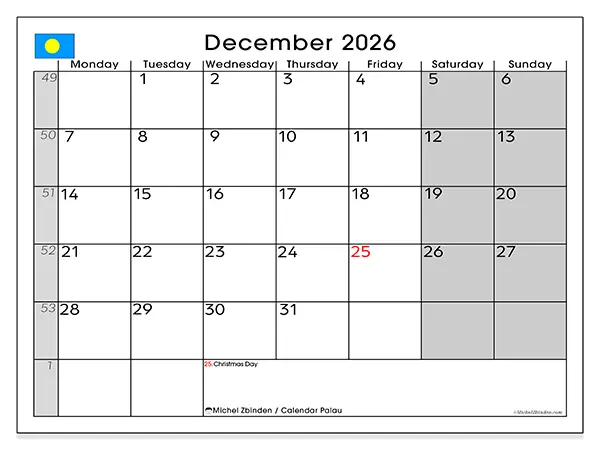 Printable December 2026 calendar - Palau
