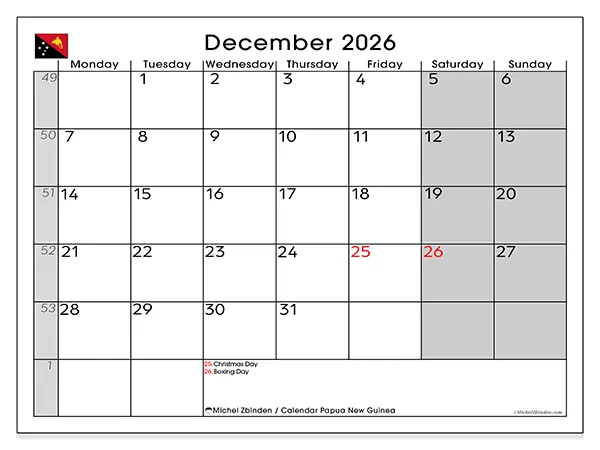 Printable December 2026 calendar - Papua New Guinea