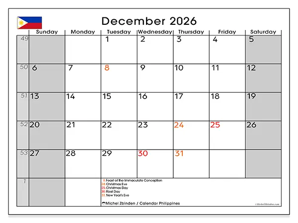 Printable December 2026 calendar - Philippines