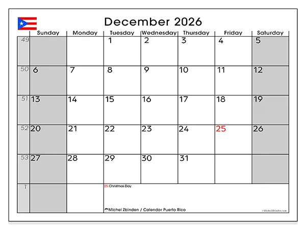 Printable December 2026 calendar - Puerto Rico
