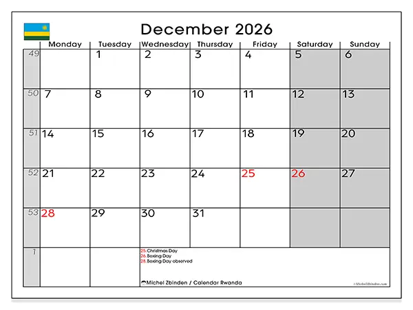 Printable December 2026 calendar - Rwanda